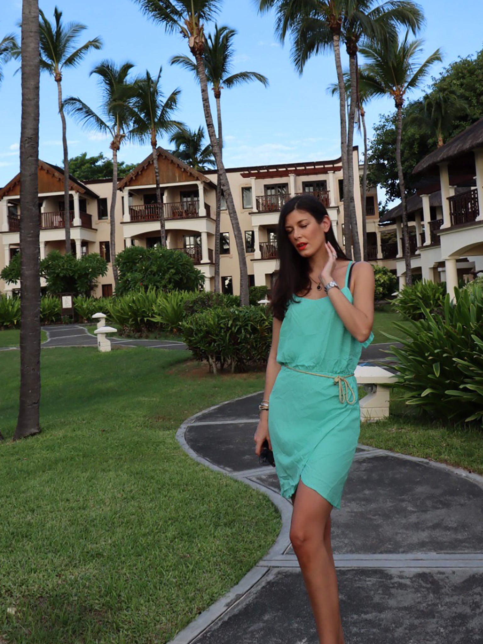 Mint Short Silk Blend Faux Wrap Dress